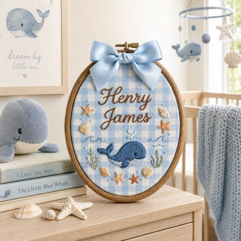 Personalized Whale Baby Name Sign, Custom Embroidered Name Hoop, Ocean Baby Nursery Wall Decor, Baby Name Announcement, Newborn Keepsake