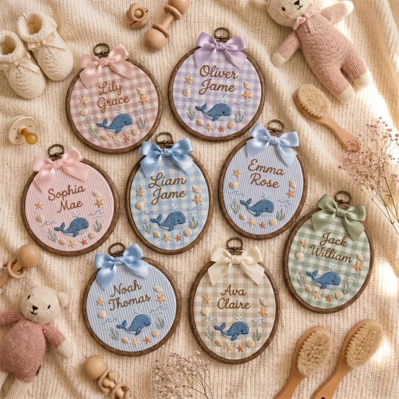 Personalized Whale Baby Name Sign, Custom Embroidered Name Hoop, Ocean Baby Nursery Wall Decor, Baby Name Announcement, Newborn Keepsake