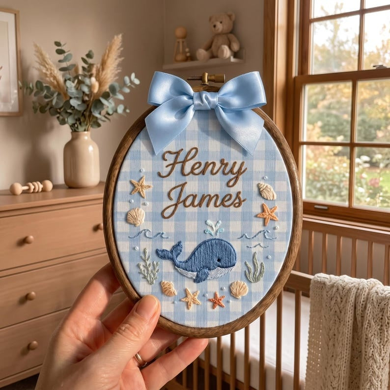 Personalized Whale Baby Name Sign, Custom Embroidered Name Hoop, Ocean Baby Nursery Wall Decor, Baby Name Announcement, Newborn Keepsake