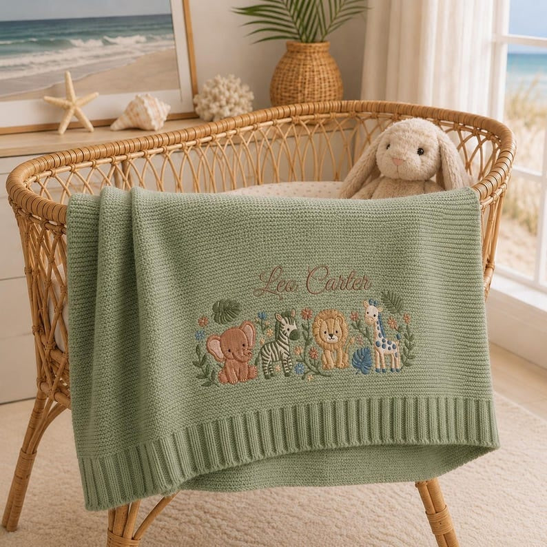 Personalized Embroidered Woodland Baby Blanket, Custom Safari Animal Name Knit Blanket, Jungle Baby Shower Gift, Nursery Keepsake Gift