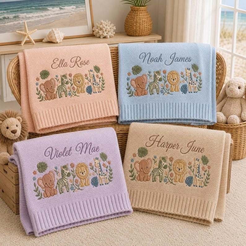 Personalized Embroidered Woodland Baby Blanket, Custom Safari Animal Name Knit Blanket, Jungle Baby Shower Gift, Nursery Keepsake Gift