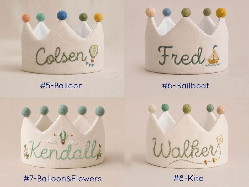 Hand Embroidered Linen Crown for Kids &Children's Birthdays, Personalized Gifts, Unique Custom Personalized Designs