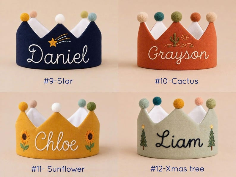 Hand Embroidered Linen Crown for Kids &Children's Birthdays, Personalized Gifts, Unique Custom Personalized Designs
