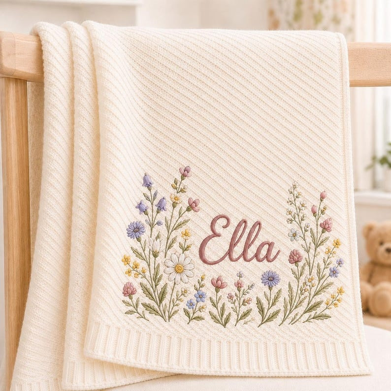 Personalized Baby Blanket, Custom Name Embroidered, Wildflower Floral Design, Soft Knit Nursery Keepsake, Baby Shower Gift