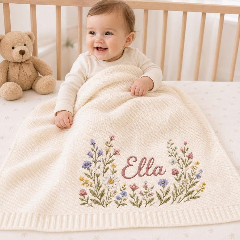 Personalized Baby Blanket, Custom Name Embroidered, Wildflower Floral Design, Soft Knit Nursery Keepsake, Baby Shower Gift