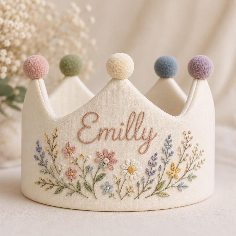 Personalized Floral Embroidered Crown, Custom Name First Birthday Crown, Princess Party Hat