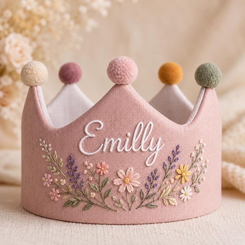Personalized Floral Embroidered Crown, Custom Name First Birthday Crown, Princess Party Hat