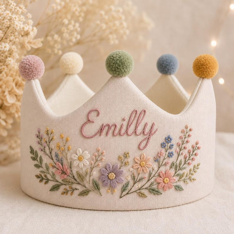 Personalized Floral Embroidered Crown, Custom Name First Birthday Crown, Princess Party Hat