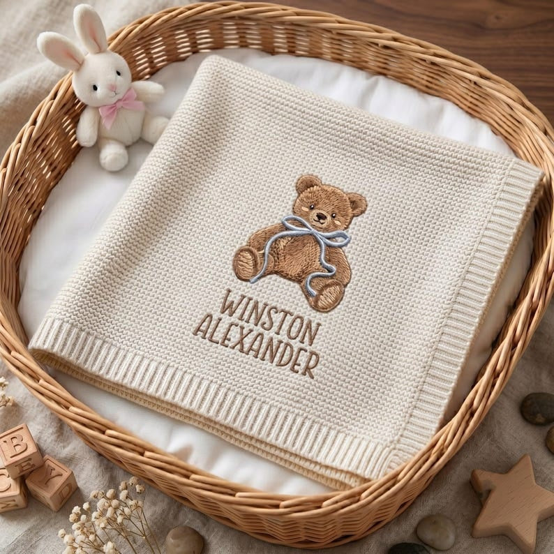 Personalized Embroidered Teddy Bear Baby Blanket with Name - Custom Knit Newborn Gift, Gift For Baby, Nursery Keepsake, Newborn Gift