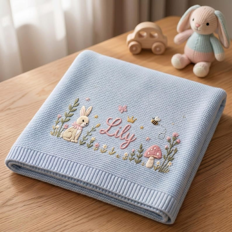 Personalized Embroidered Bunny Floral Baby Blanket, Custom Knit Baby Blanket with Name for Newborn, Gift for Baby, Keepsake Newborn Gift
