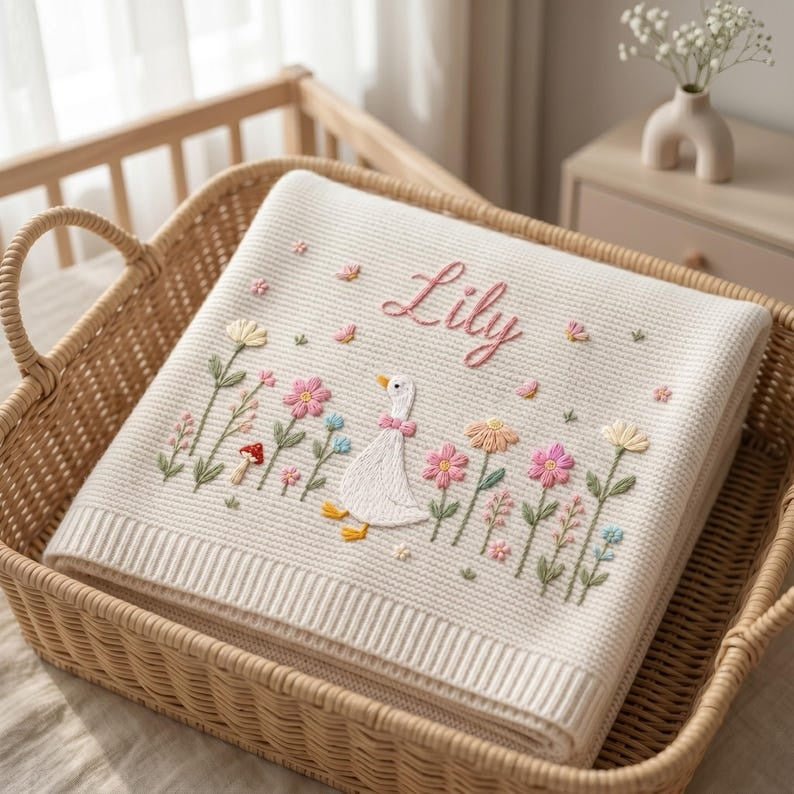 Personalized Embroidered Goose Baby Blanket with Name, Custom Floral Knit Newborn Gift for Newborn, Gift for Baby, Baby Keepsake Gift