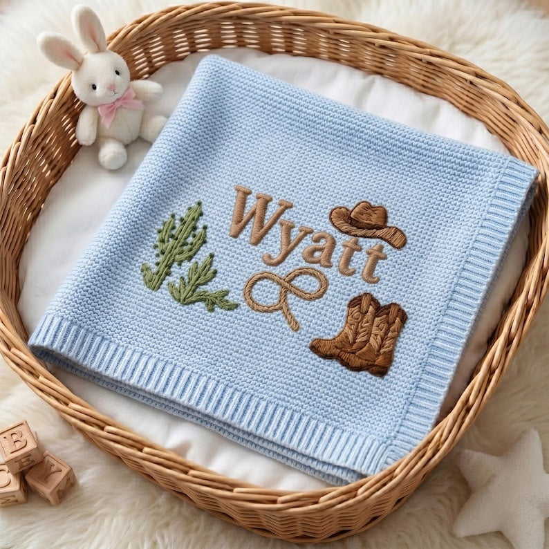 Personalized Cowboy Embroidered Baby Blanket with Name, Custom Western Cactus Boots Hat Knit Newborn Gift, Baby Gift, Baby Keepsake Gift