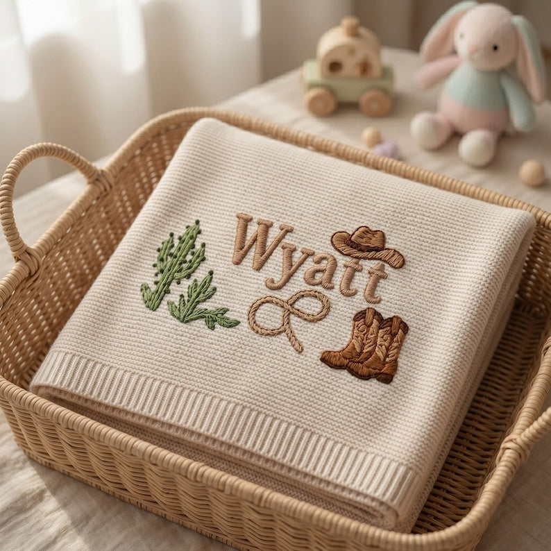 Personalized Cowboy Embroidered Baby Blanket with Name, Custom Western Cactus Boots Hat Knit Newborn Gift, Baby Gift, Baby Keepsake Gift