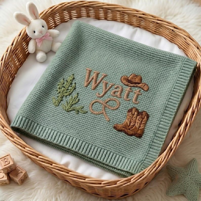 Personalized Cowboy Embroidered Baby Blanket with Name, Custom Western Cactus Boots Hat Knit Newborn Gift, Baby Gift, Baby Keepsake Gift