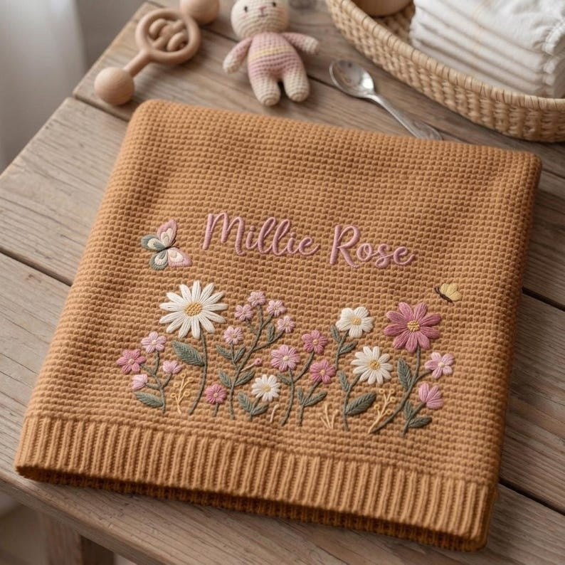 Personalized Floral Embroidered Baby Blanket - Custom Name Knitted Throw, Welcome Baby Blanket, Nursery Keepsake, Keepsake Newborn