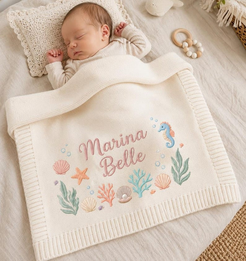 Personalized Embroidered Baby Blanket, Custom Newborn Name Blanket, Ocean Nursery Gift, Baby Shower Keepsake, Seashell Blanket