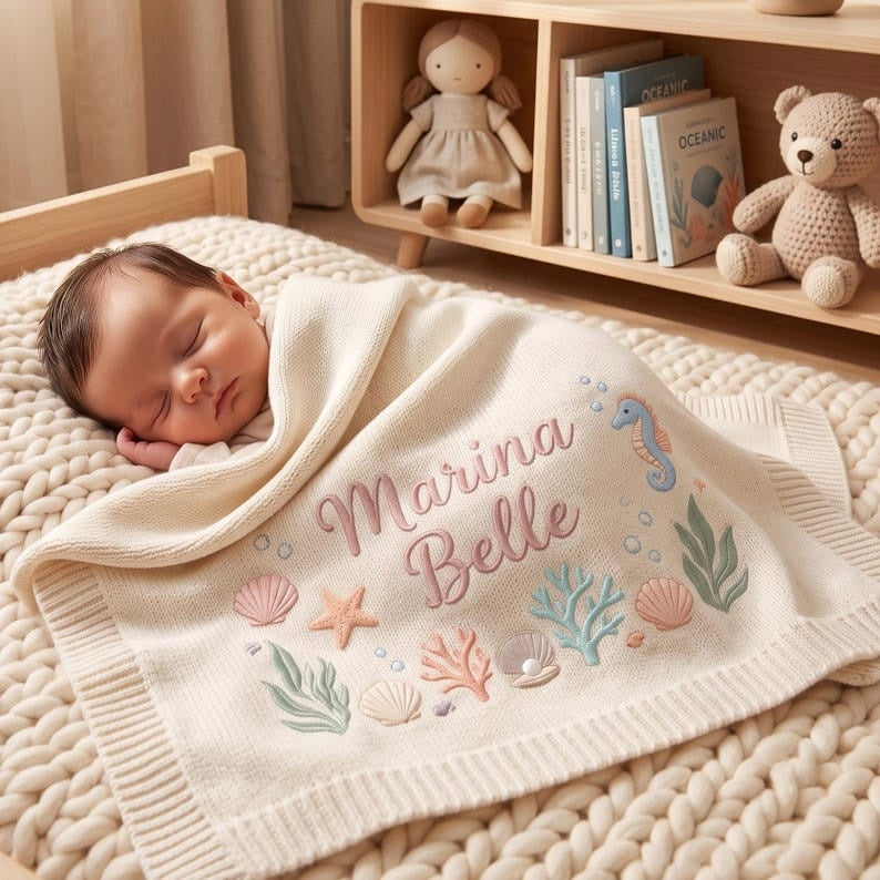 Personalized Embroidered Baby Blanket, Custom Newborn Name Blanket, Ocean Nursery Gift, Baby Shower Keepsake, Seashell Blanket