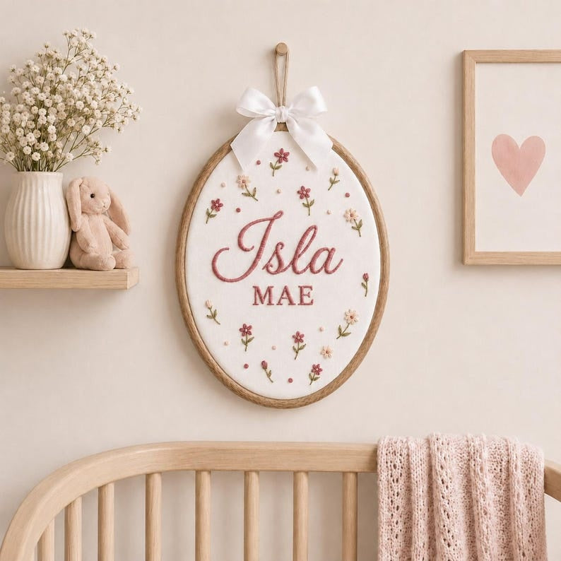 Personalized Embroidered Floral Baby Name Hoop, Baby Name Reveal Sign Heirloom, Baby Name Wall Decor, Baby Shower Gift, Newborn Keepsake
