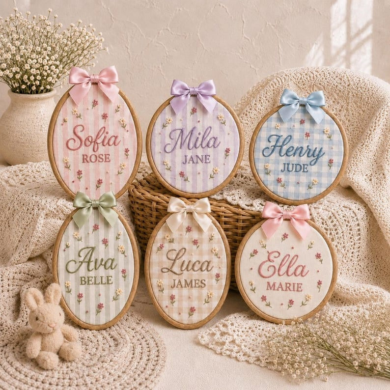 Personalized Embroidered Floral Baby Name Hoop, Baby Name Reveal Sign Heirloom, Baby Name Wall Decor, Baby Shower Gift, Newborn Keepsake