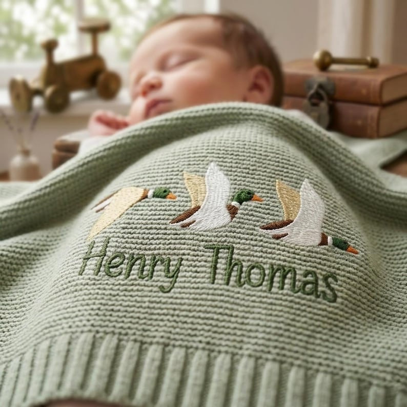 Personalized Mallard Duck Baby Blanket, Custom Name Baby Blanket, Embroidered Mallard Duck Blanket, Gift for Baby, Keepsake Newborn