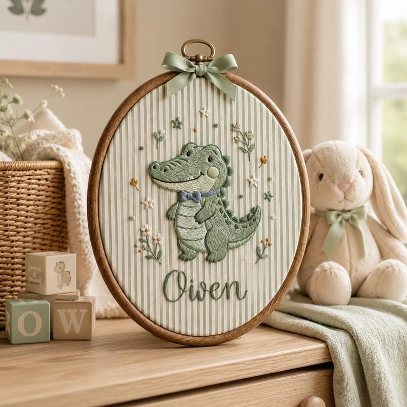 Personalized Baby Alligator Embroidery Hoop, Custom Nursery Name Sign, Crocodile Wall Decor, Baby Shower Gift, Woodland Nursery