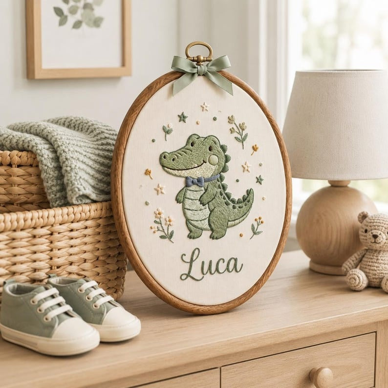 Personalized Baby Alligator Embroidery Hoop, Custom Nursery Name Sign, Crocodile Wall Decor, Baby Shower Gift, Woodland Nursery