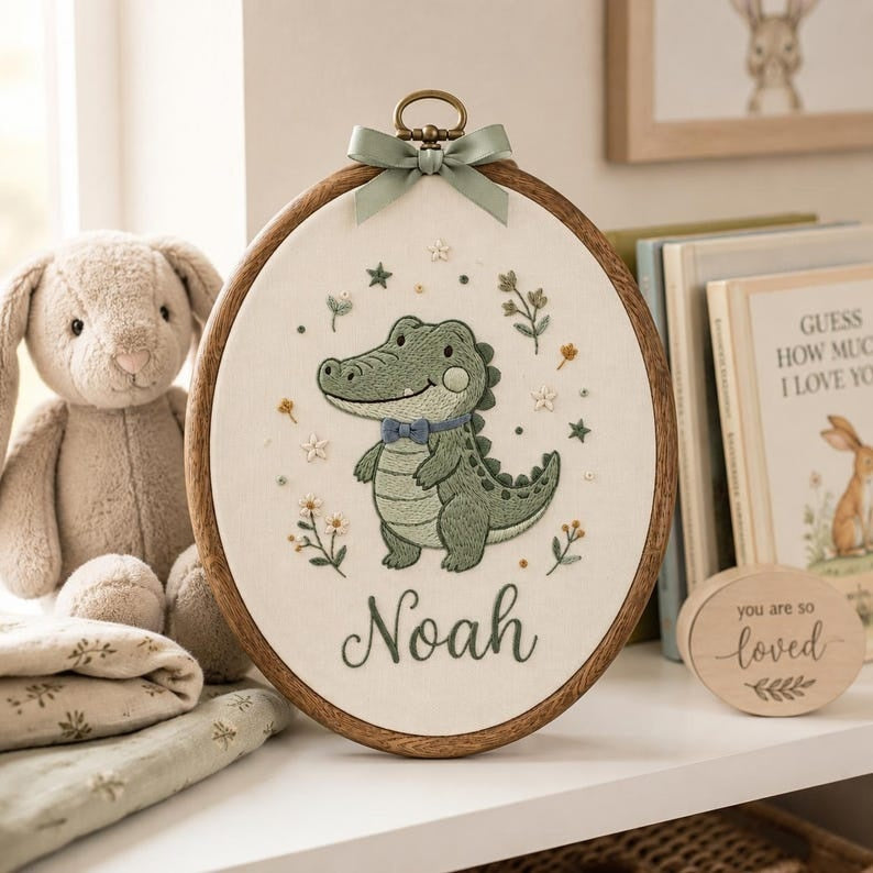 Personalized Baby Alligator Embroidery Hoop, Custom Nursery Name Sign, Crocodile Wall Decor, Baby Shower Gift, Woodland Nursery