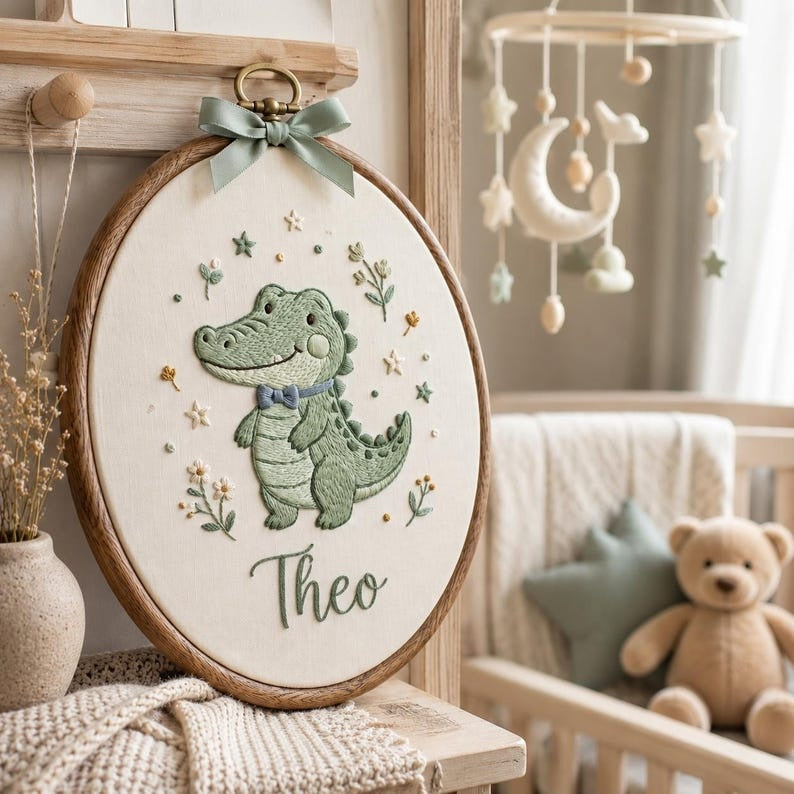 Personalized Baby Alligator Embroidery Hoop, Custom Nursery Name Sign, Crocodile Wall Decor, Baby Shower Gift, Woodland Nursery