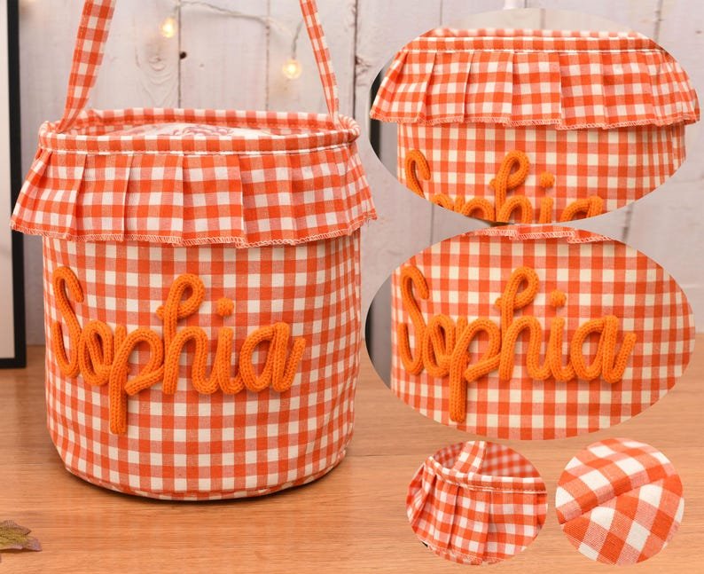 Halloween Basket Ruffle Personalized, Plaid Trick or Treat Bag with Custom Name, Halloween Candy Bucket for Kids, Halloween Storage Basket Gift