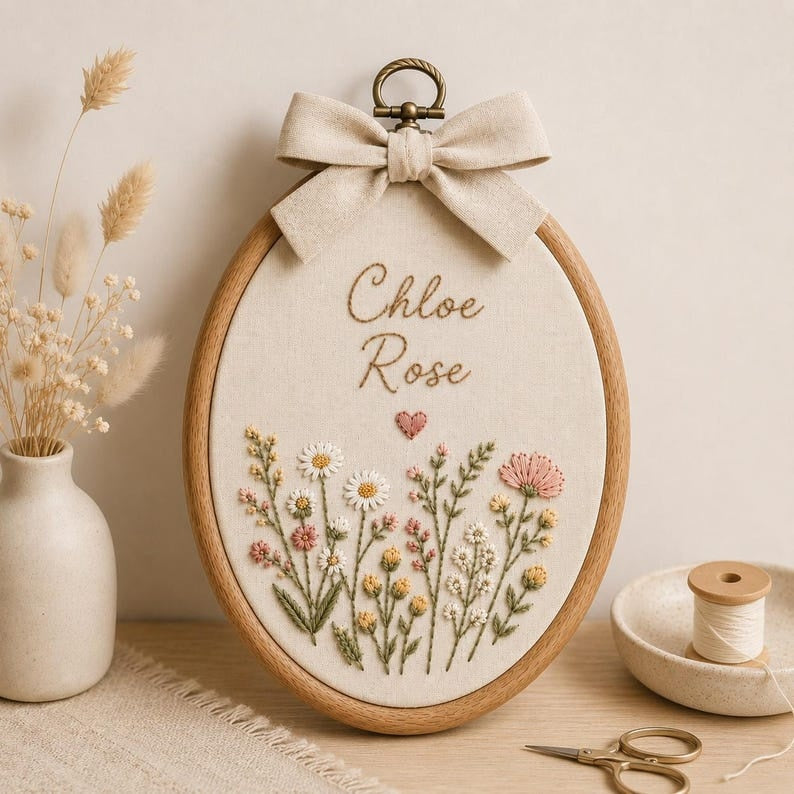 Personalized Floral Baby Name Sign, Embroidered Nursery Wall Art, Custom Oval Name Hoop, Wildflower Baby Room Decor Gift