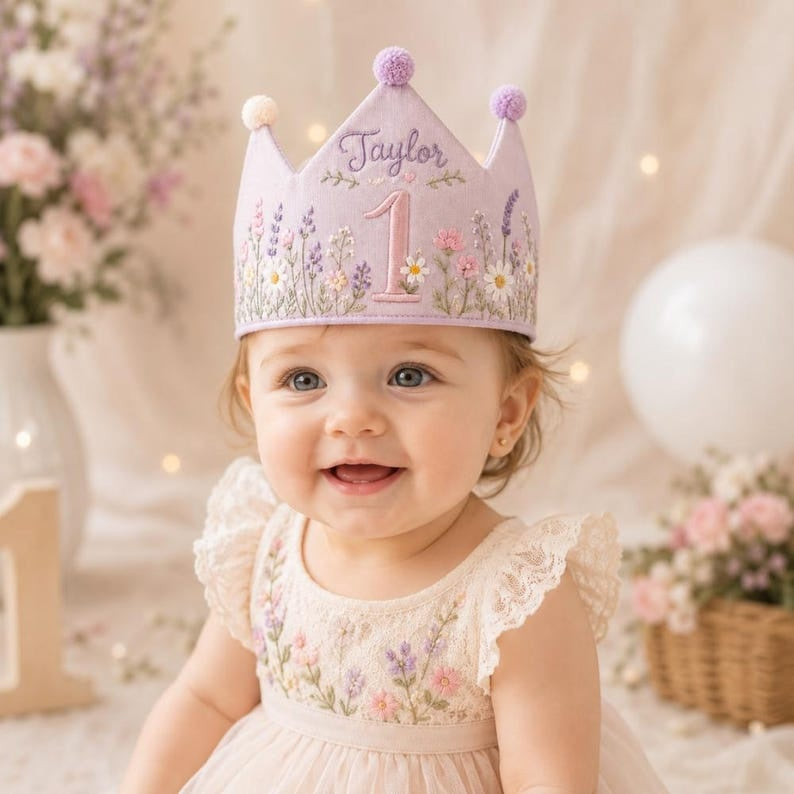 Wildflower Personalized Embroidery 1st Birthday Crown, Embroidered Linen Baby Crown, Custom Name Crown, First Birthday Crown Floral Keepsake