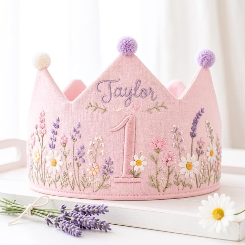 Wildflower Personalized Embroidery 1st Birthday Crown, Embroidered Linen Baby Crown, Custom Name Crown, First Birthday Crown Floral Keepsake