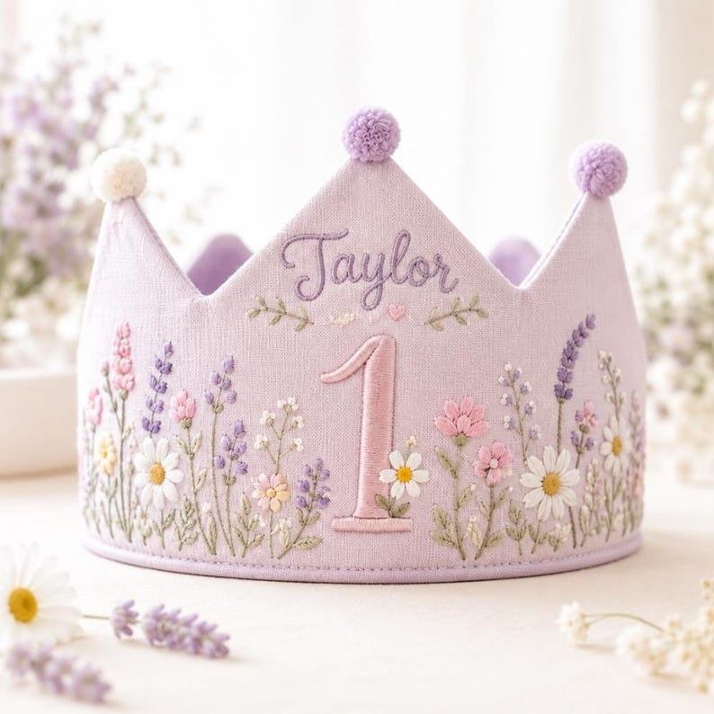 Wildflower Personalized Embroidery 1st Birthday Crown, Embroidered Linen Baby Crown, Custom Name Crown, First Birthday Crown Floral Keepsake