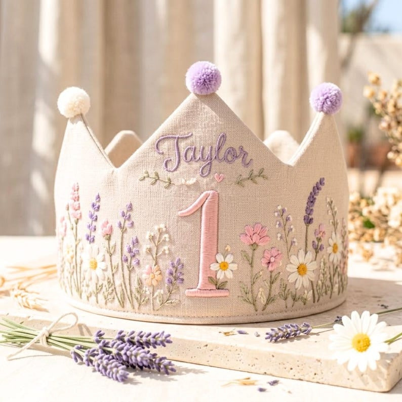 Wildflower Personalized Embroidery 1st Birthday Crown, Embroidered Linen Baby Crown, Custom Name Crown, First Birthday Crown Floral Keepsake