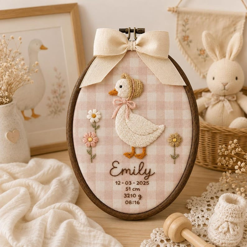 Personalized Lady Goose Birth Stats Embroidery Hoop, Custom Baby Name Sign, Newborn Nursery Decor, Baby Birth Announcement Gift