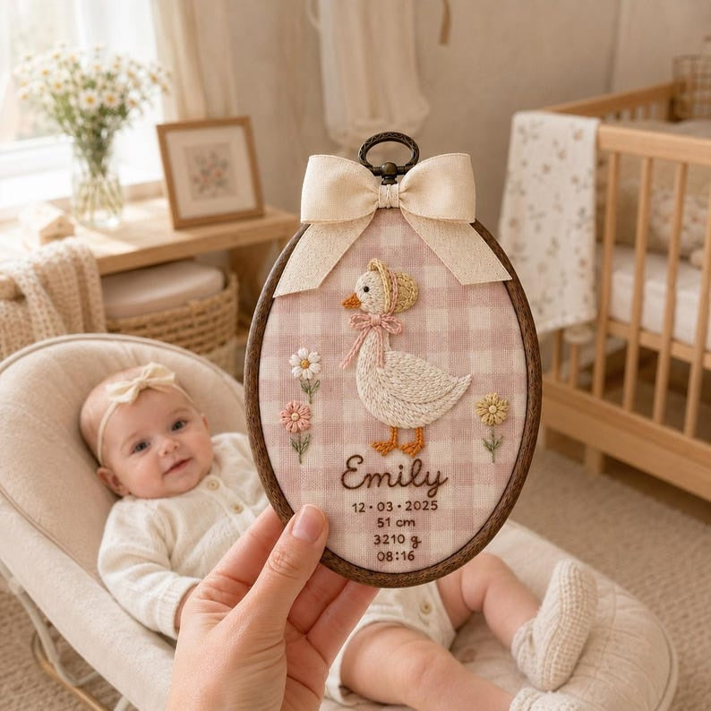 Personalized Lady Goose Birth Stats Embroidery Hoop, Custom Baby Name Sign, Newborn Nursery Decor, Baby Birth Announcement Gift