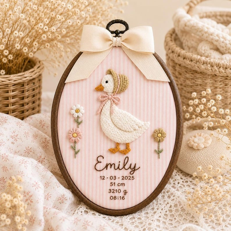 Personalized Lady Goose Birth Stats Embroidery Hoop, Custom Baby Name Sign, Newborn Nursery Decor, Baby Birth Announcement Gift