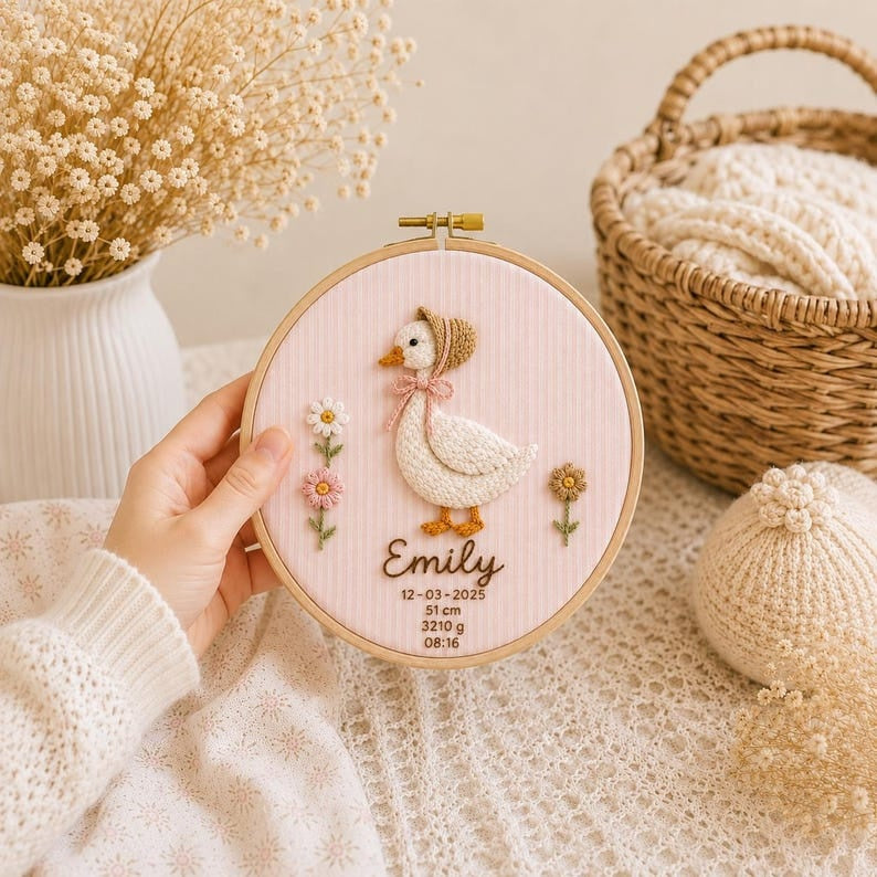 Personalized Lady Goose Birth Stats Embroidery Hoop, Custom Baby Name Sign, Newborn Nursery Decor, Baby Birth Announcement Gift
