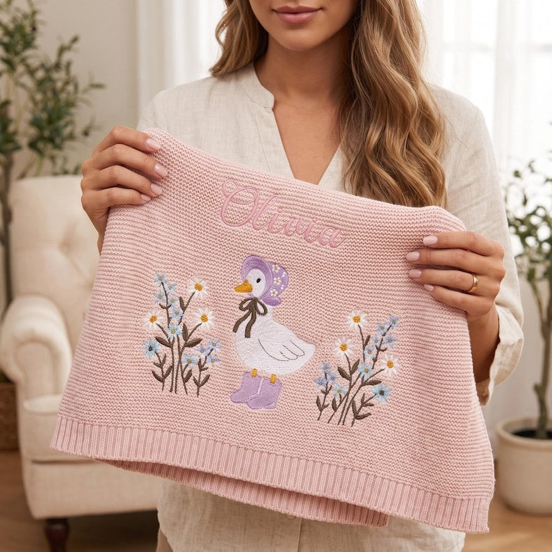 Personalized Wildflower Baby Blanket, Floral Baby Blanket, Embroidered Baby Knit Name Blanket, Newborn Name Blanket, New Baby Gift, Newborn Gift