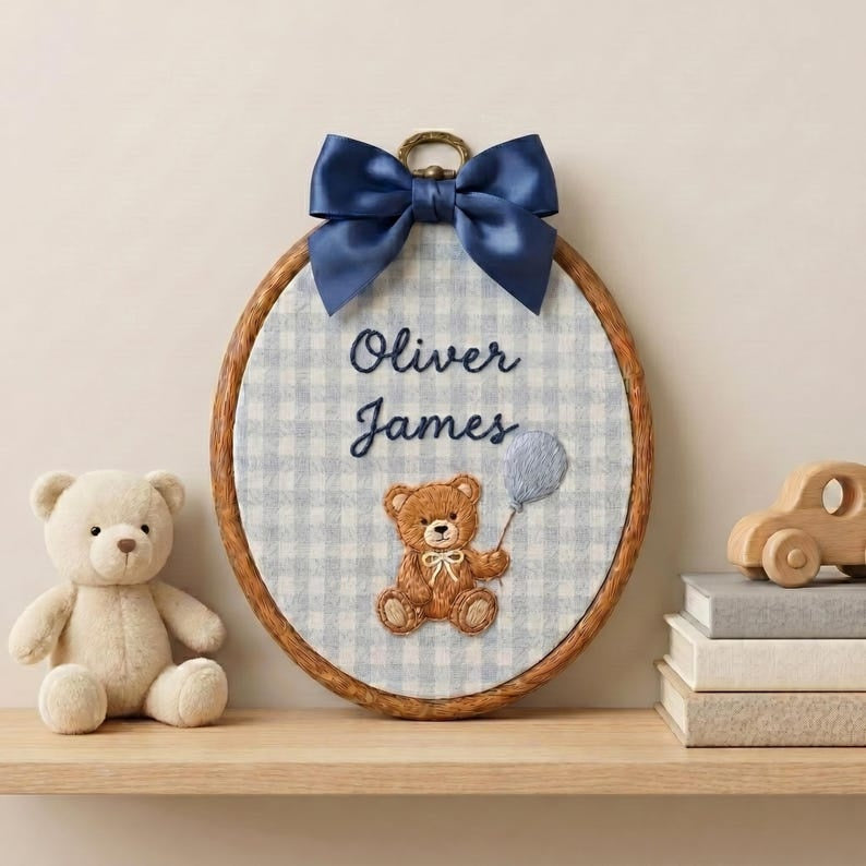 Personalized Embroidered Teddy Bear Baby Name Hoop, Baby Name Reveal Sign Heirloom, Baby Name Wall Decor, Baby Shower Gift, Newborn Keepsake