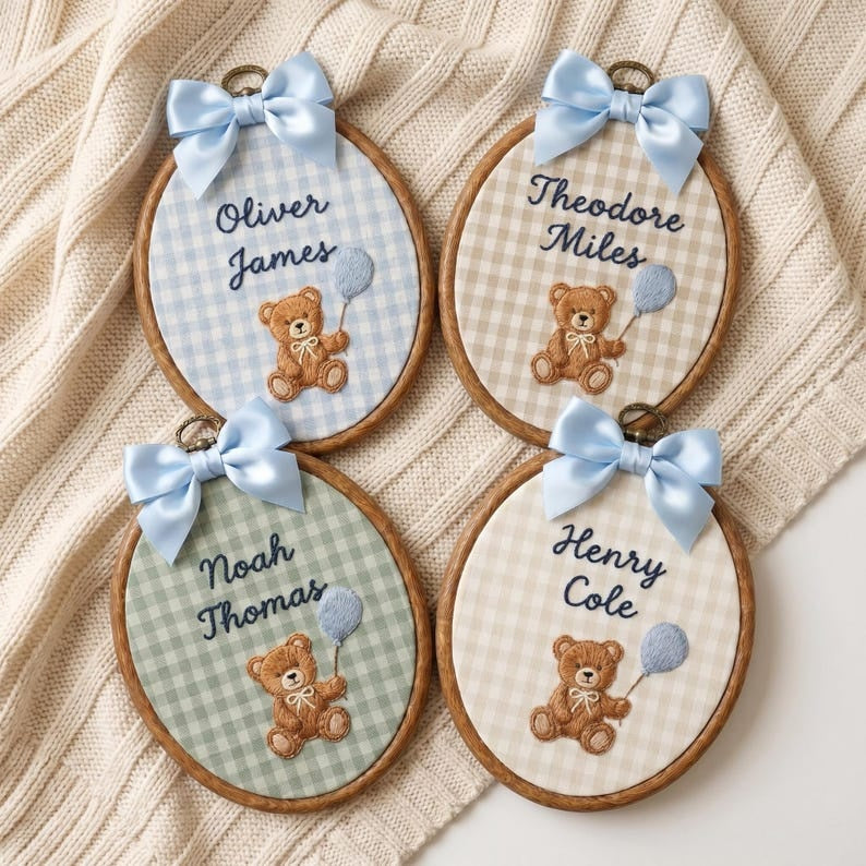 Personalized Embroidered Teddy Bear Baby Name Hoop, Baby Name Reveal Sign Heirloom, Baby Name Wall Decor, Baby Shower Gift, Newborn Keepsake