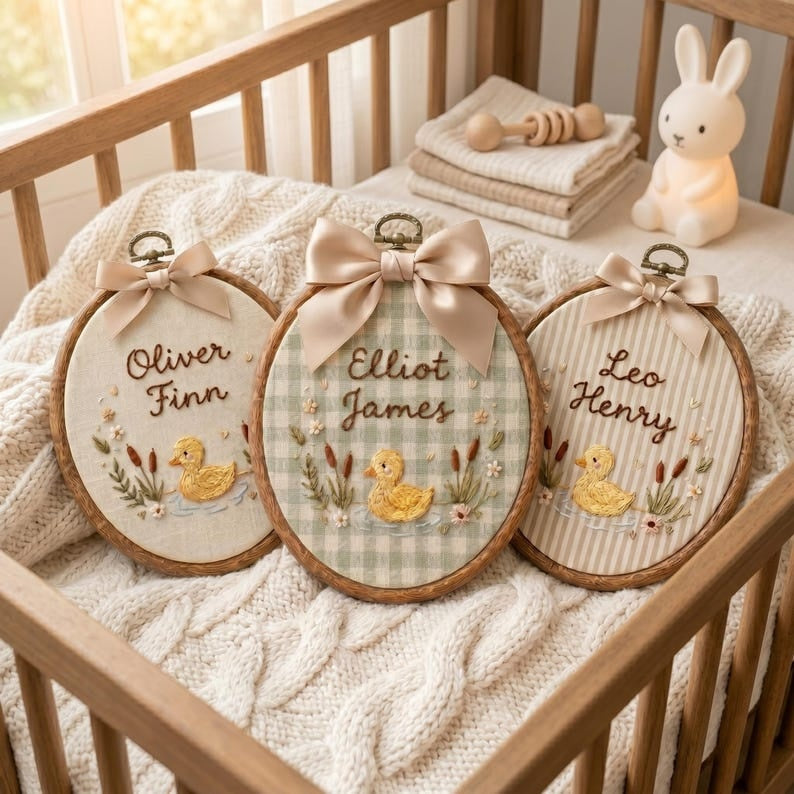 Personalized Embroidered Baby Name Sign, Custom Duck Nursery Wall Decor, Baby Name Sign, Baby Shower Gift, Nursery Decor, Newborn Keepsake