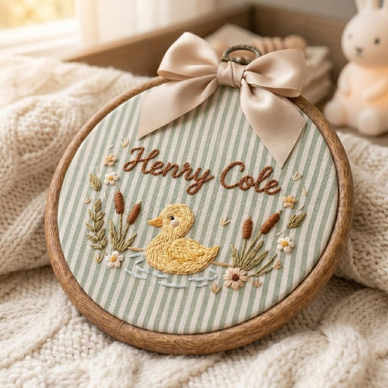 Personalized Embroidered Baby Name Sign, Custom Duck Nursery Wall Decor, Baby Name Sign, Baby Shower Gift, Nursery Decor, Newborn Keepsake