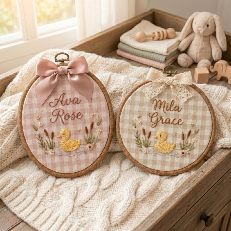 Personalized Embroidered Baby Name Sign, Custom Duck Nursery Wall Decor, Baby Name Sign, Baby Shower Gift, Nursery Decor, Newborn Keepsake