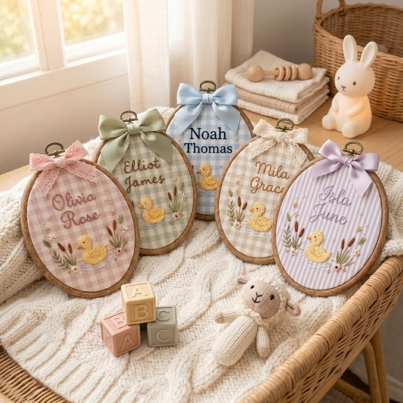 Personalized Embroidered Baby Name Sign, Custom Duck Nursery Wall Decor, Baby Name Sign, Baby Shower Gift, Nursery Decor, Newborn Keepsake