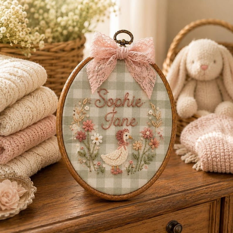Personalized Goose Baby Name Sign, Custom Embroidered Nursery Name Hoop, Baby Shower Gift, Newborn Keepsake, Floral Baby Name Announcement