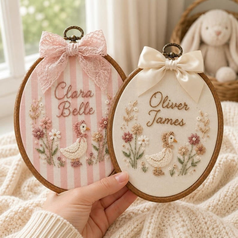 Personalized Goose Baby Name Sign, Custom Embroidered Nursery Name Hoop, Baby Shower Gift, Newborn Keepsake, Floral Baby Name Announcement