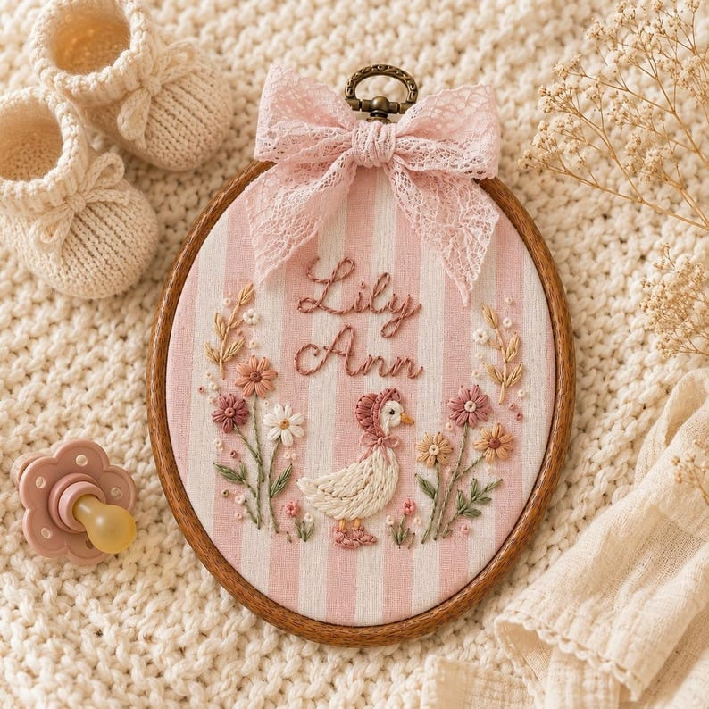 Personalized Goose Baby Name Sign, Custom Embroidered Nursery Name Hoop, Baby Shower Gift, Newborn Keepsake, Floral Baby Name Announcement