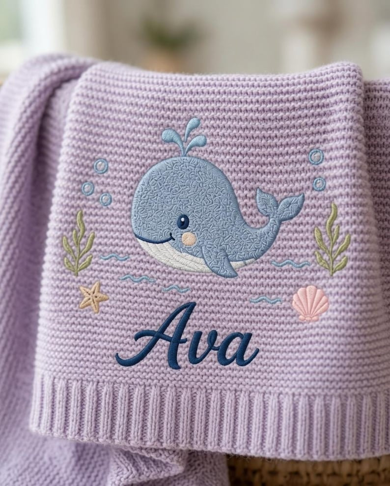 Custom Whale Ocean Embroidered Baby Blanket, Personalized Name Newborn Gift, Coastal Nursery Keepsake, Baby Shower Gift