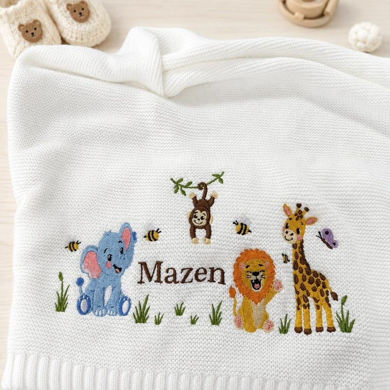 Custom Safari Embroidered Baby Blanket, Personalized Name Jungle Animal Blanket, Gift For Newborn, Nursery Keepsake Gift